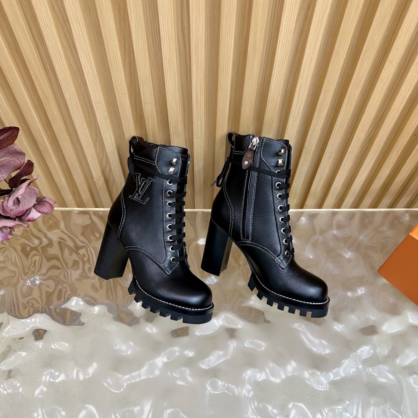 LV Black Leather Lace-Up Ankle Boots with Embroidered Logo