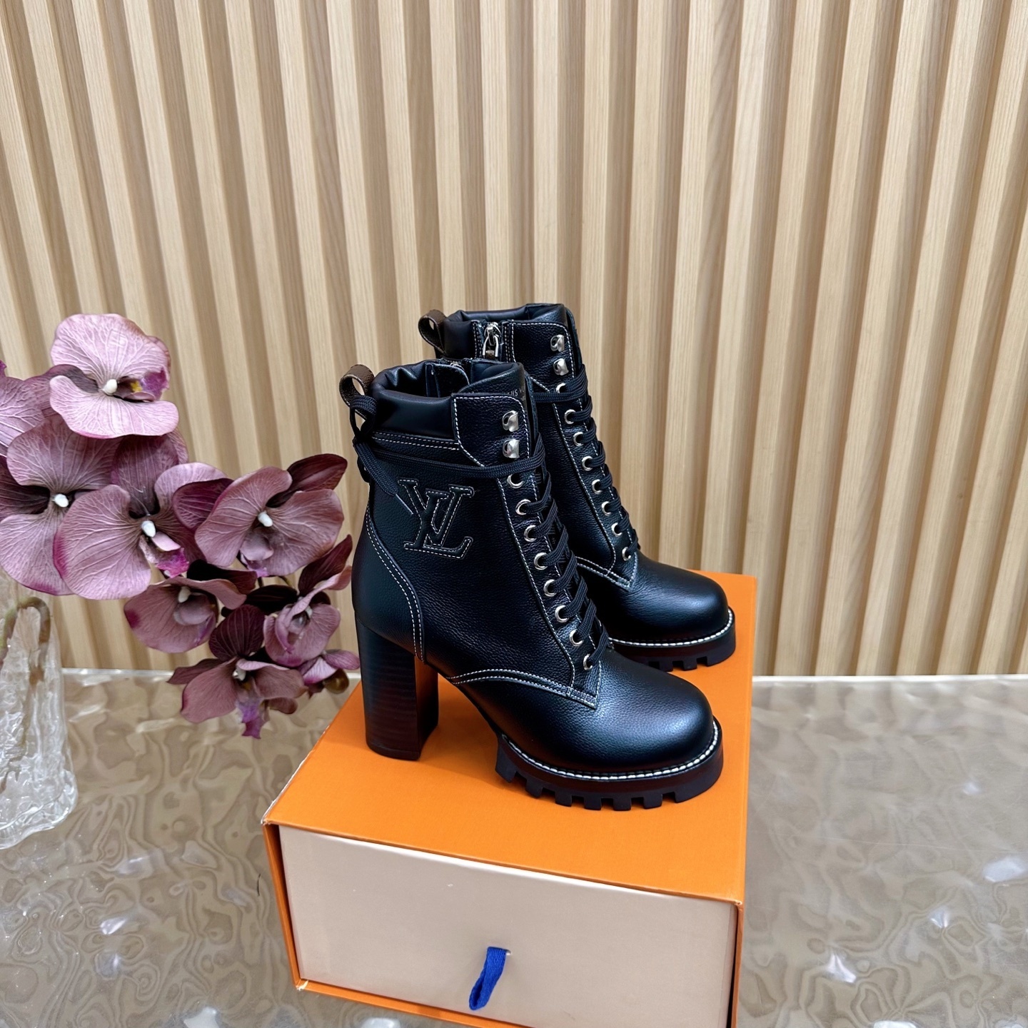 LV Black Leather Lace-Up Ankle Boots with Embroidered Logo