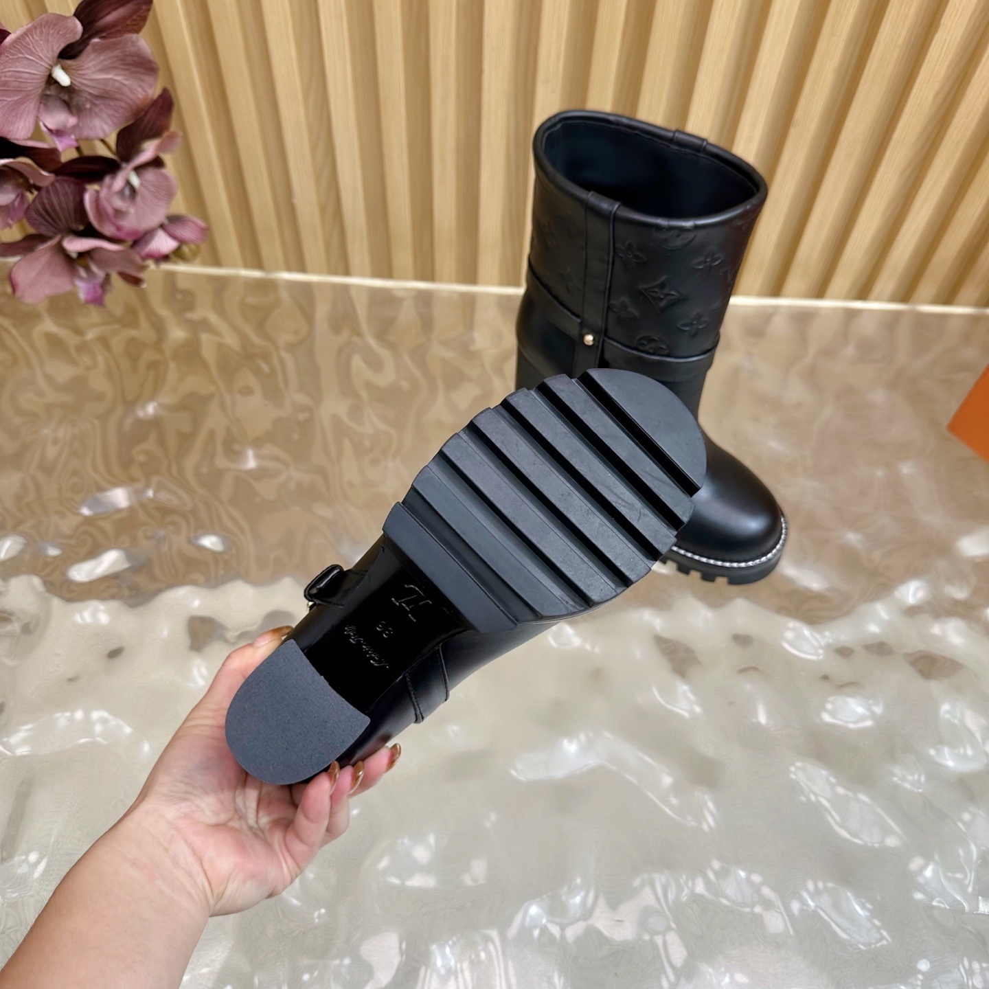 Luxury Monogram Black Leather Ankle Boots with Chunky Block Heel