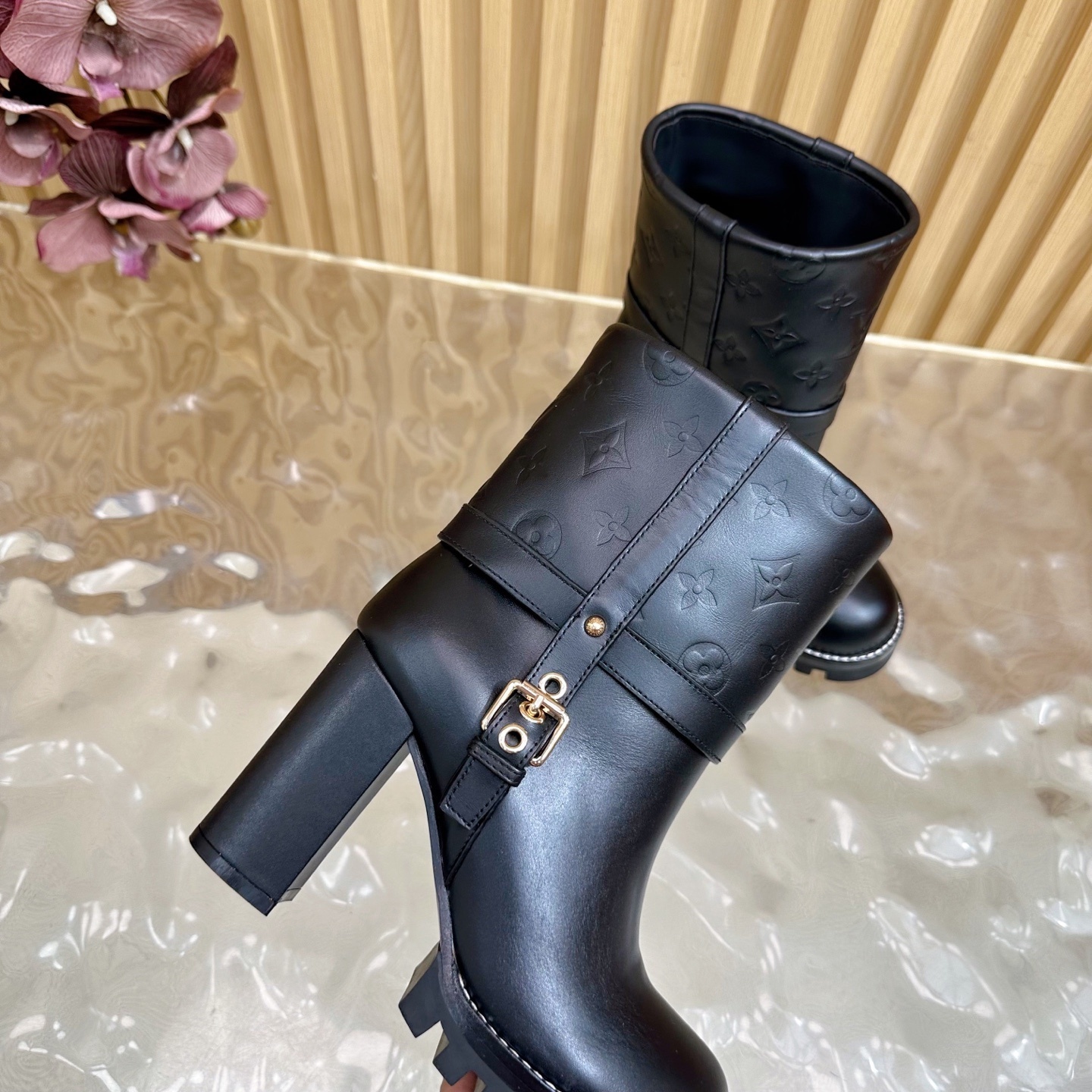 Luxury Monogram Black Leather Ankle Boots with Chunky Block Heel
