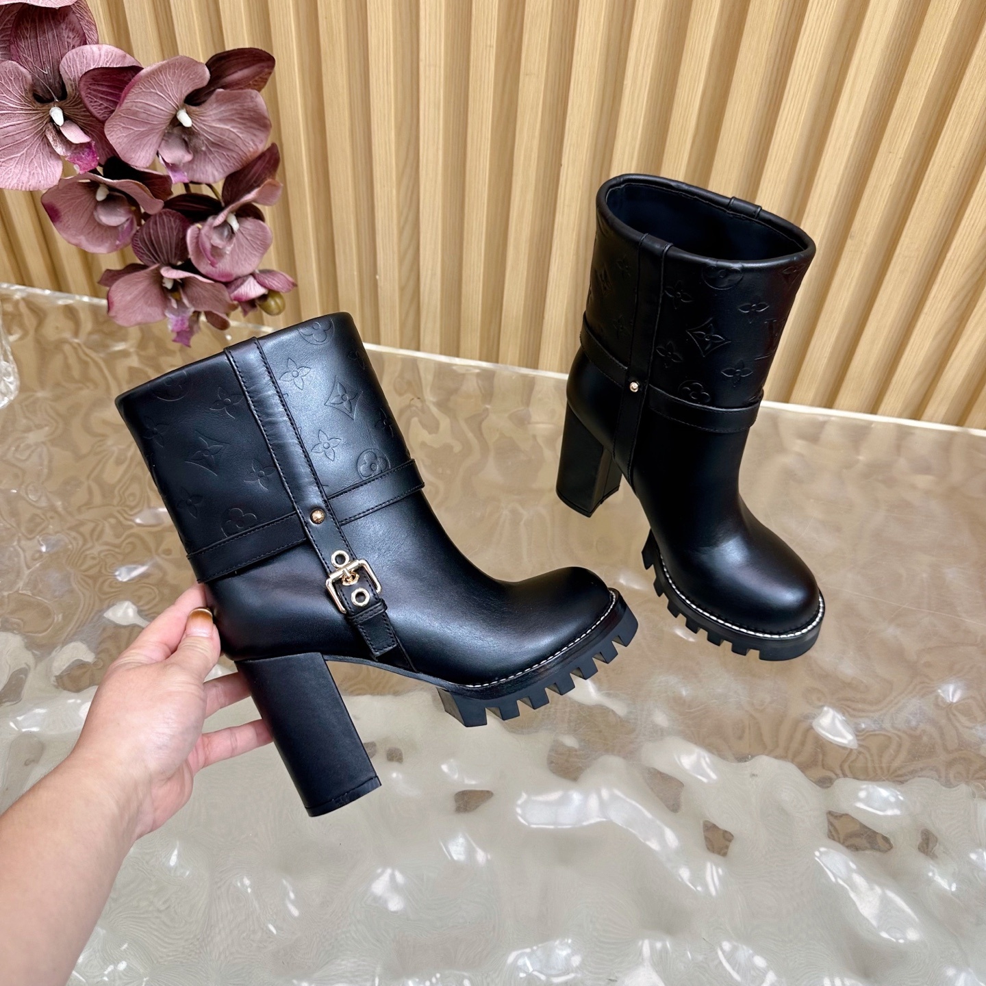 Luxury Monogram Black Leather Ankle Boots with Chunky Block Heel