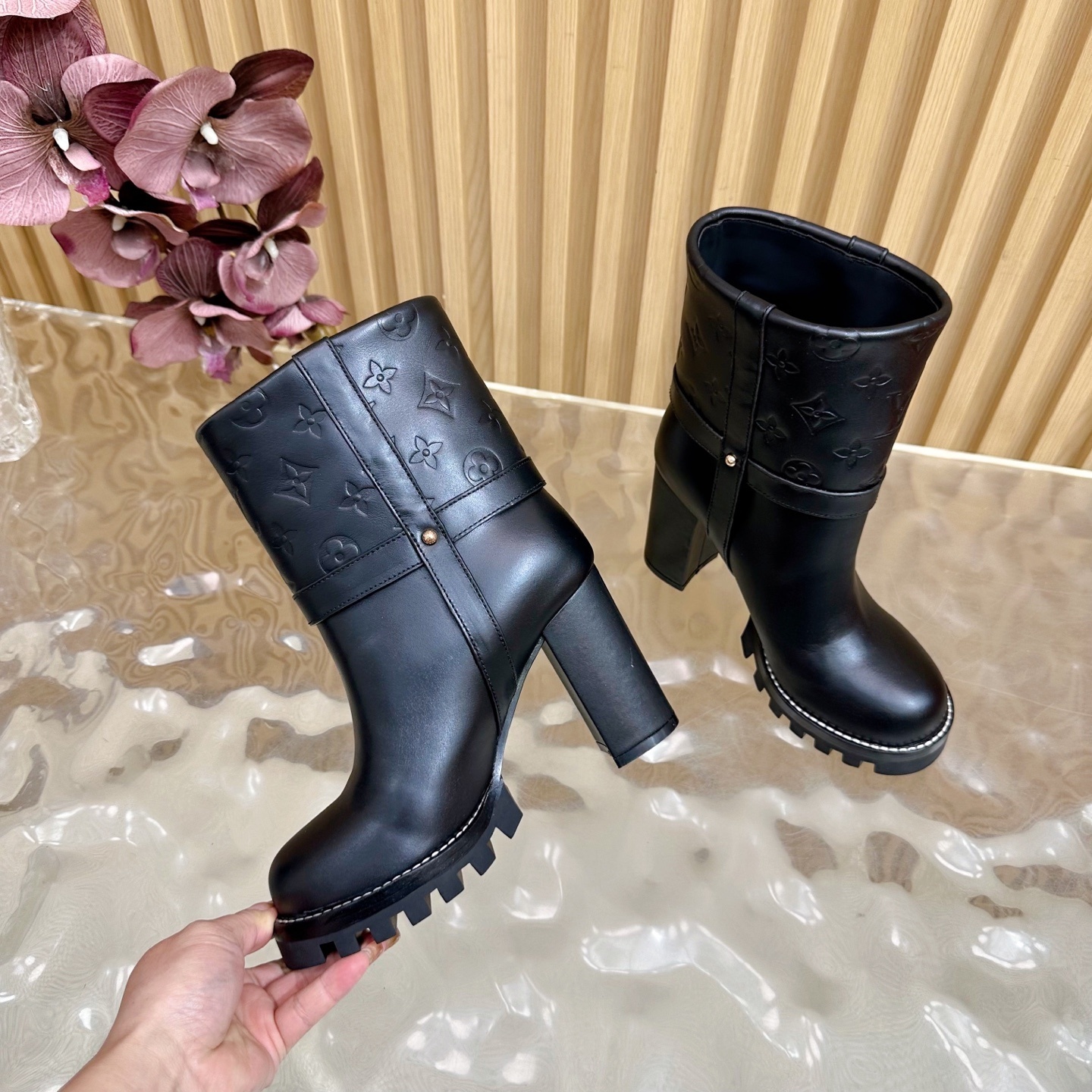 Luxury Monogram Black Leather Ankle Boots with Chunky Block Heel