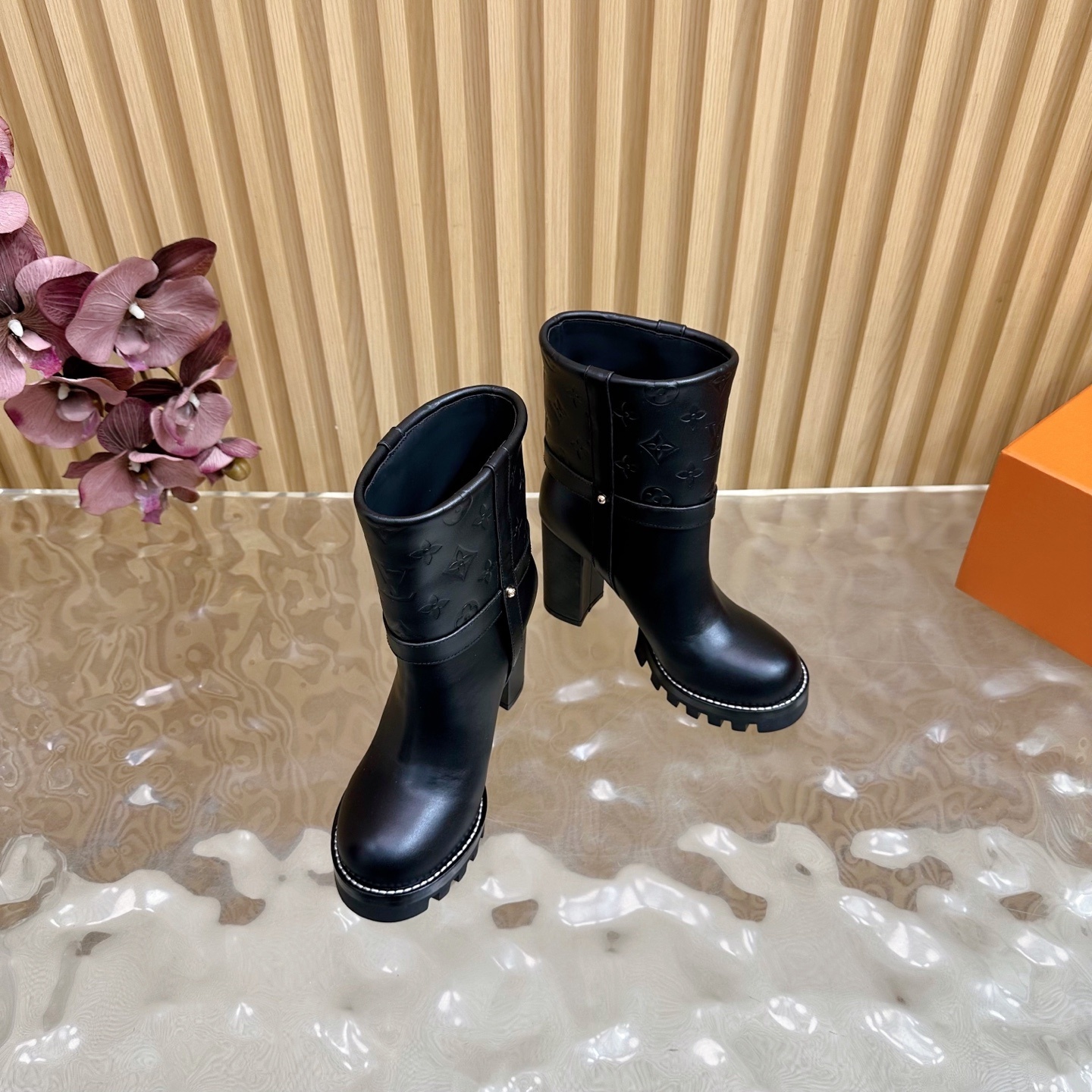 Luxury Monogram Black Leather Ankle Boots with Chunky Block Heel