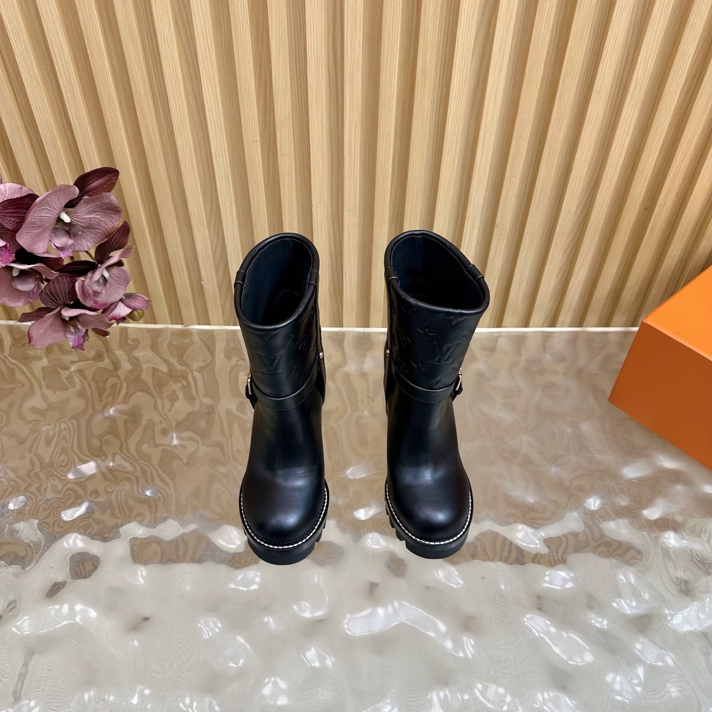 Luxury Monogram Black Leather Ankle Boots with Chunky Block Heel