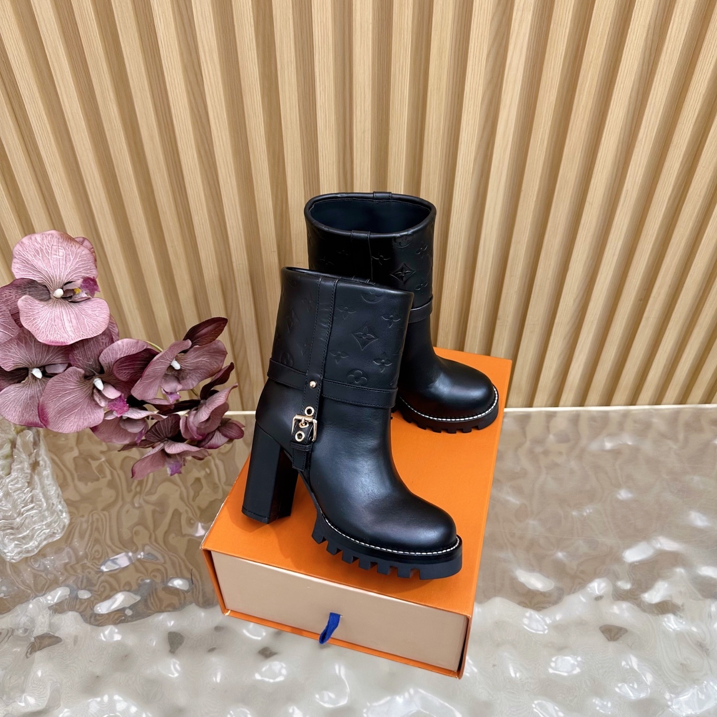 Luxury Monogram Black Leather Ankle Boots with Chunky Block Heel