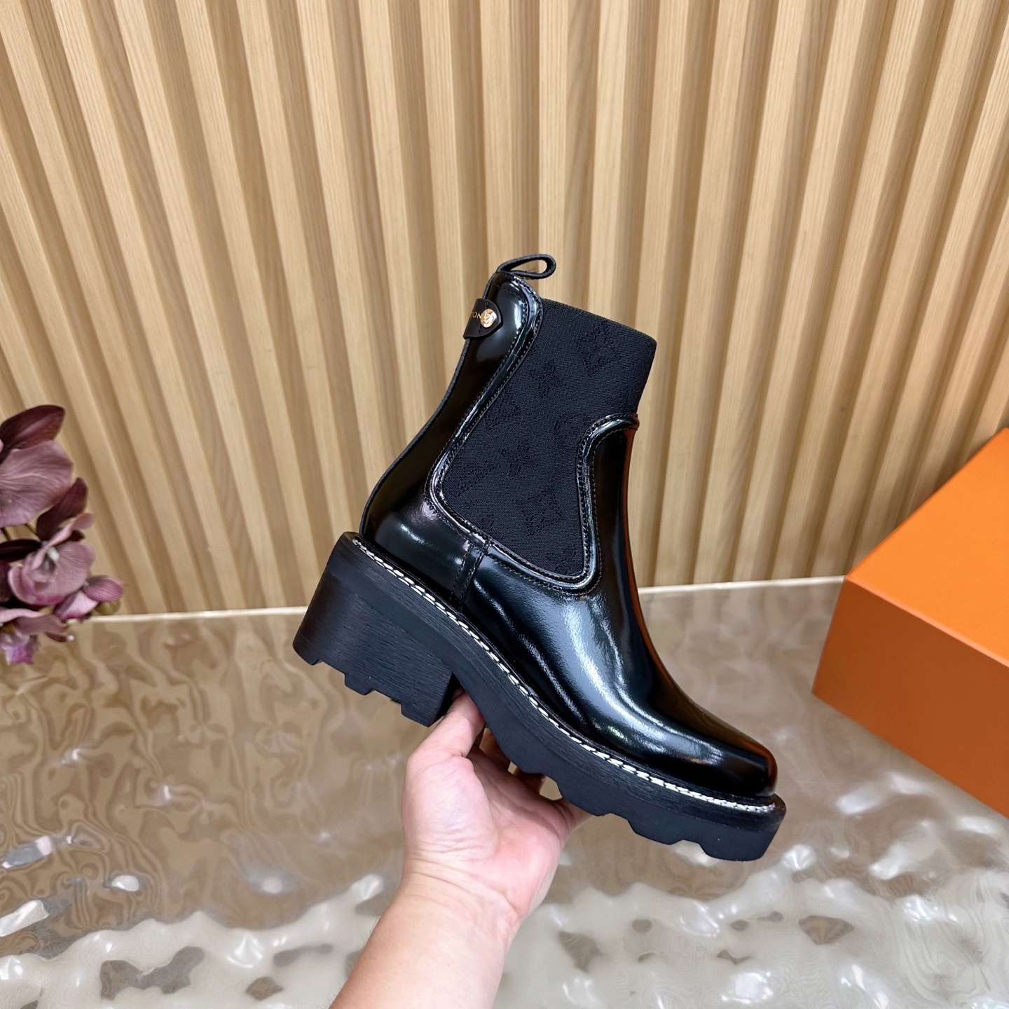 Women's Glossy Black Chunky Chelsea Boots - Patent Leather Platform