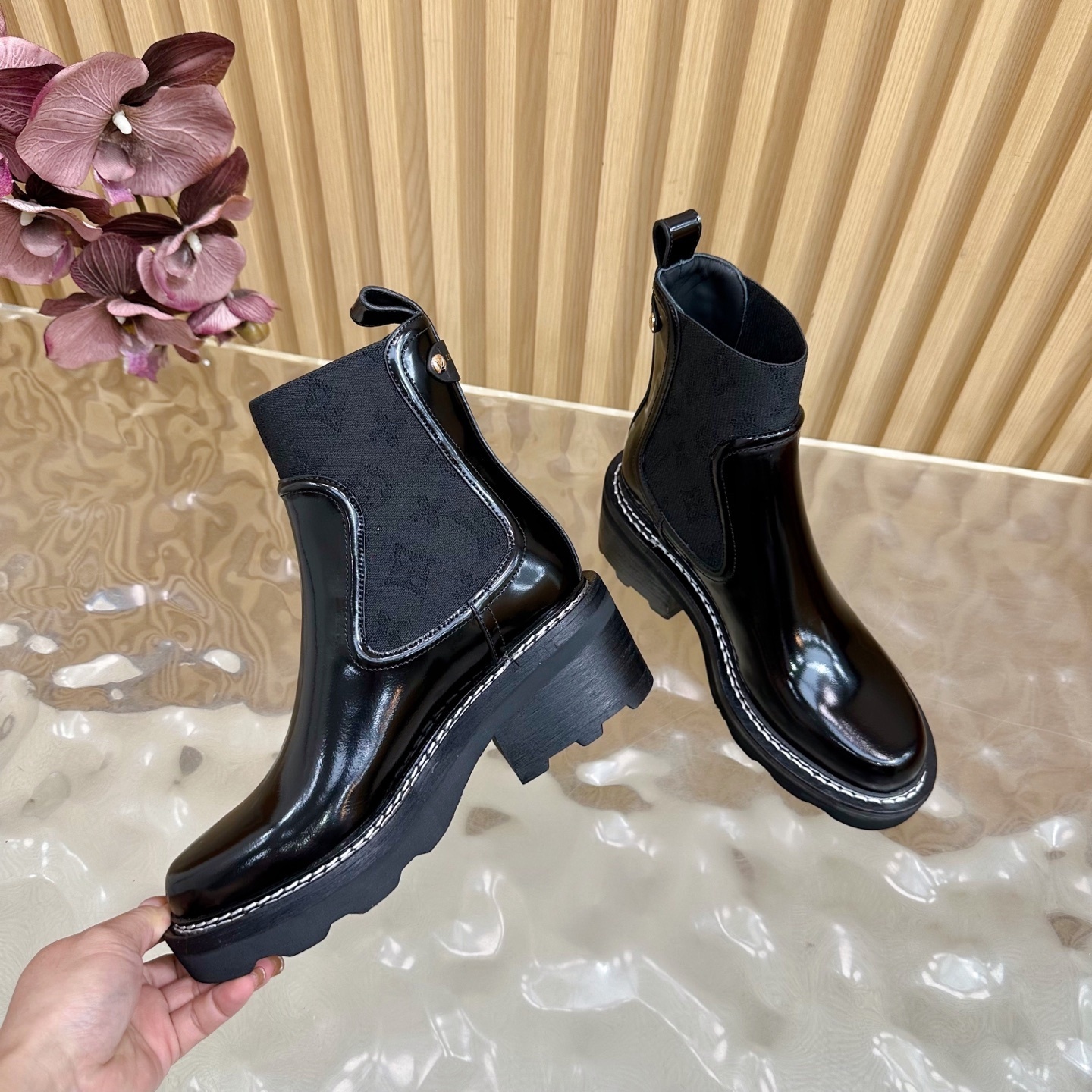 Women's Glossy Black Chunky Chelsea Boots - Patent Leather Platform