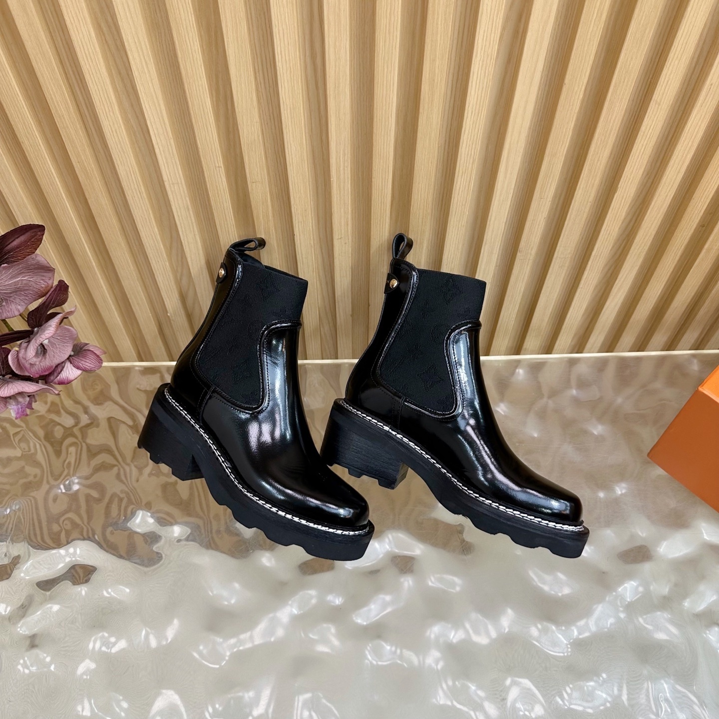 Women's Glossy Black Chunky Chelsea Boots - Patent Leather Platform