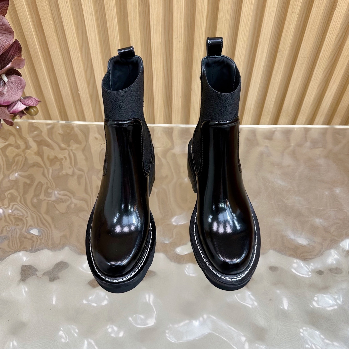 Women's Glossy Black Chunky Chelsea Boots - Patent Leather Platform