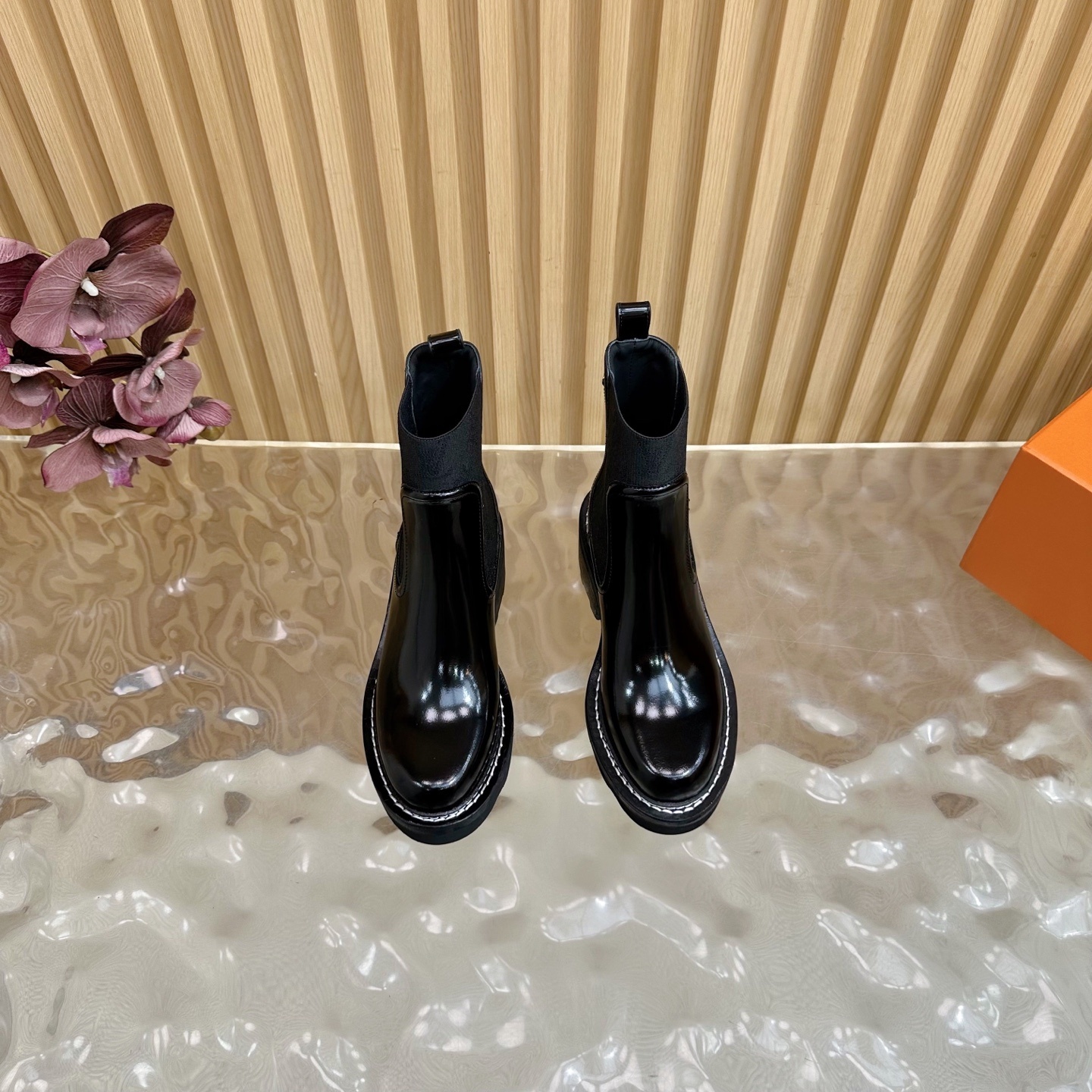 Women's Glossy Black Chunky Chelsea Boots - Patent Leather Platform