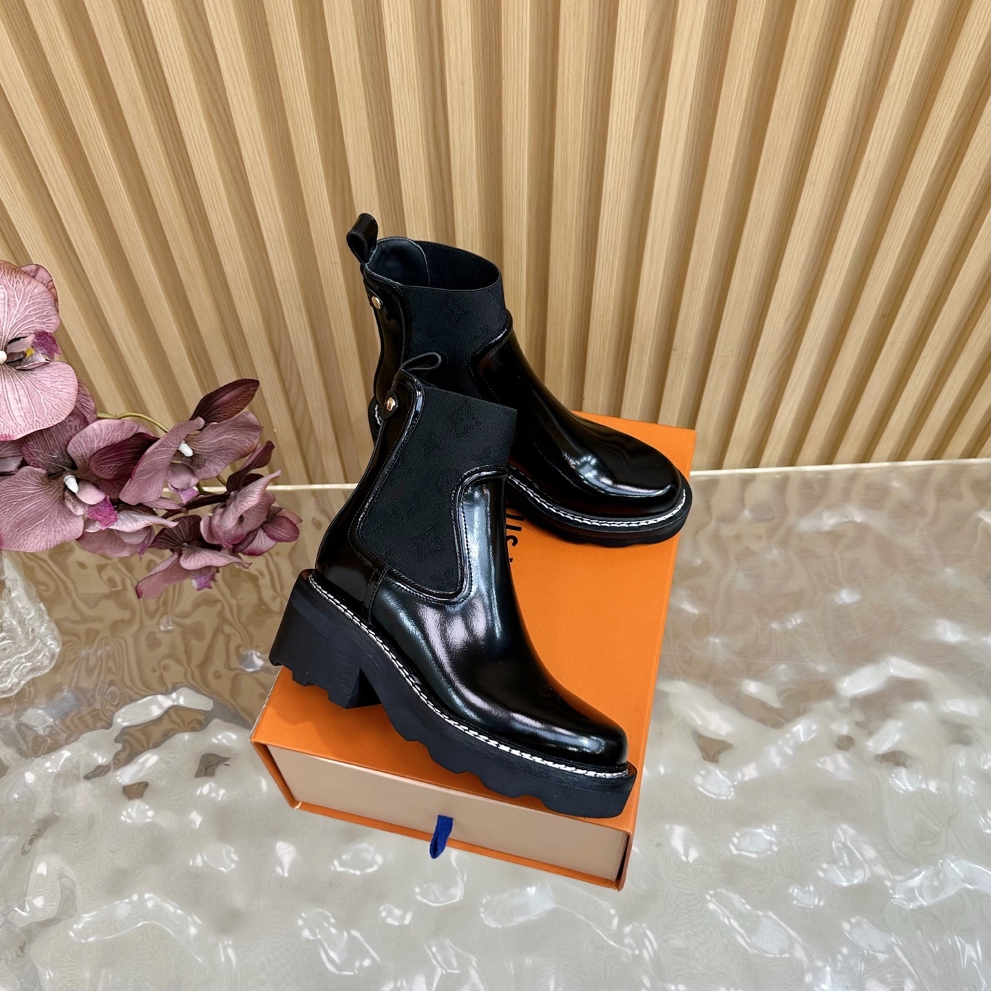 Women's Glossy Black Chunky Chelsea Boots - Patent Leather Platform