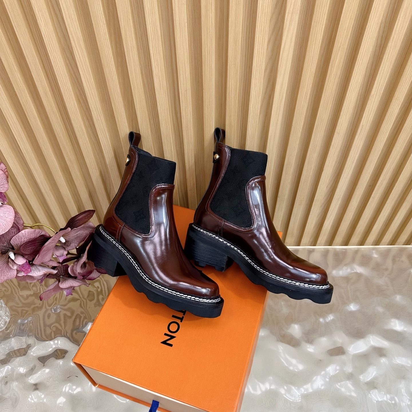 Louis Vuitton Territory Chelsea Boots in Burgundy Monogram Canvas