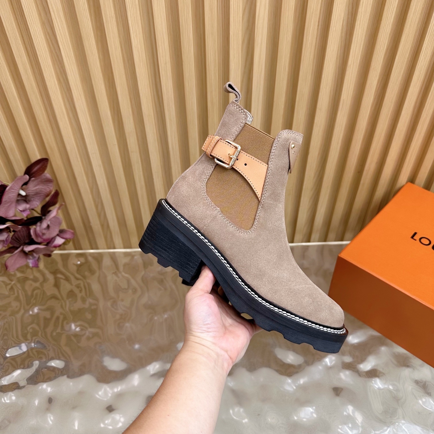 Women's Suede Ankle Chelsea Boots with Buckle Detail - Taupe