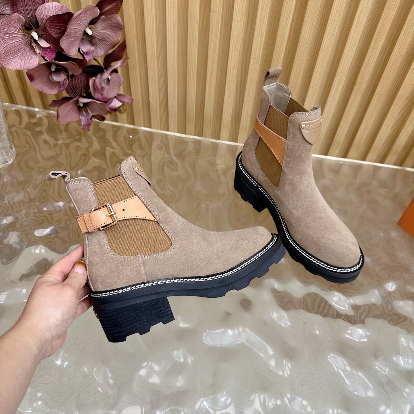 Women's Suede Ankle Chelsea Boots with Buckle Detail - Taupe