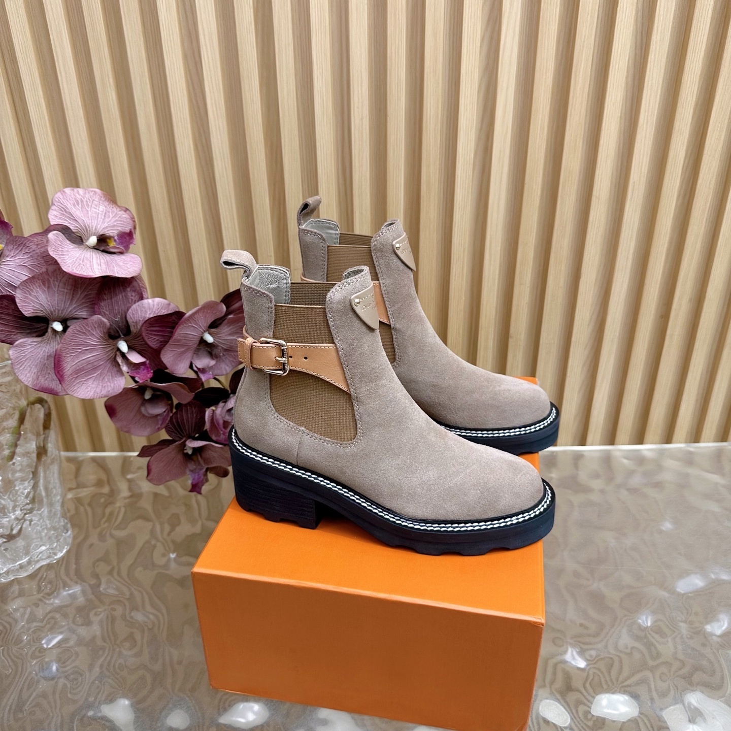 Women’s Suede Ankle Chelsea Boots with Buckle Detail – Taupe