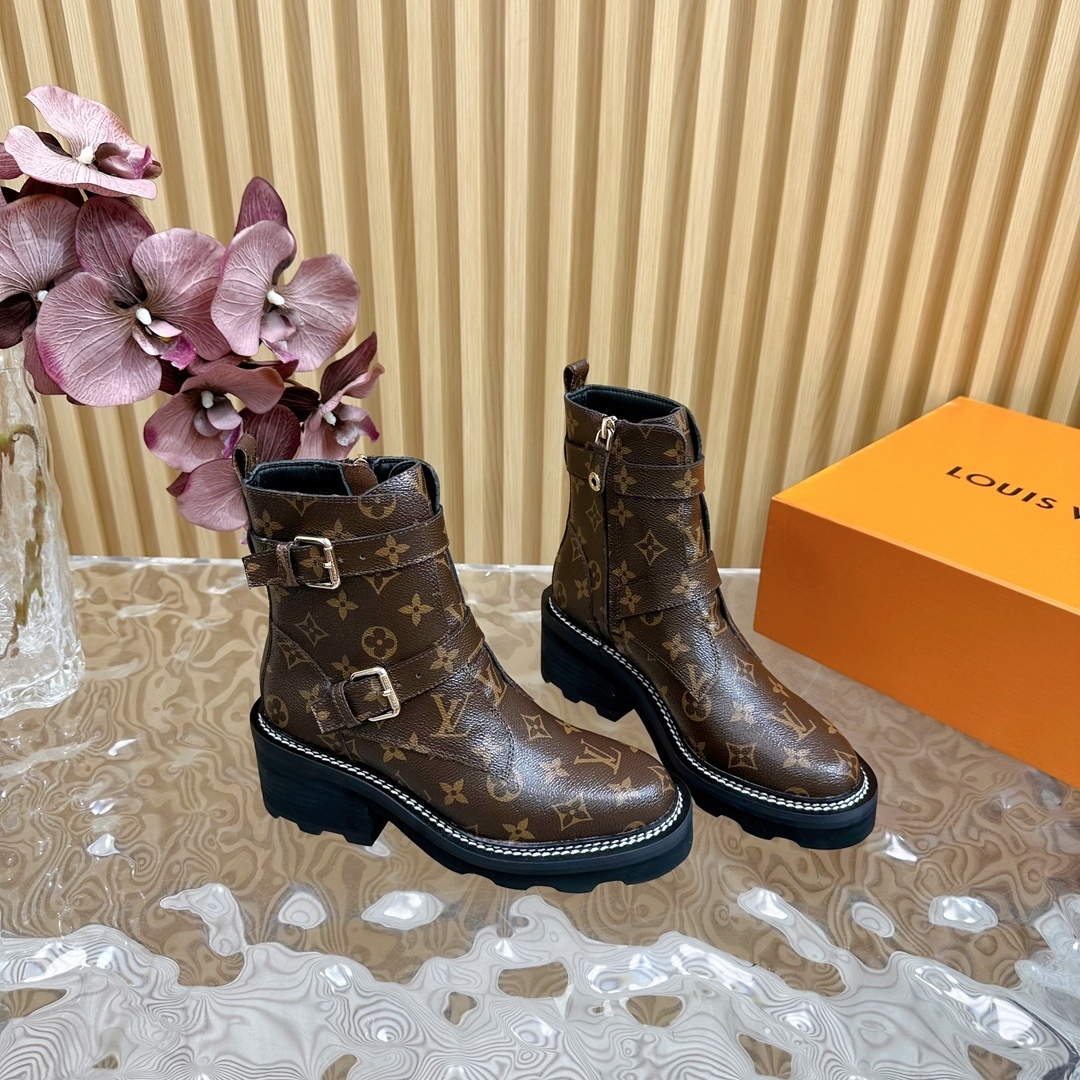 Luxury Monogram Women's Ankle Boots with Double Buckle Straps