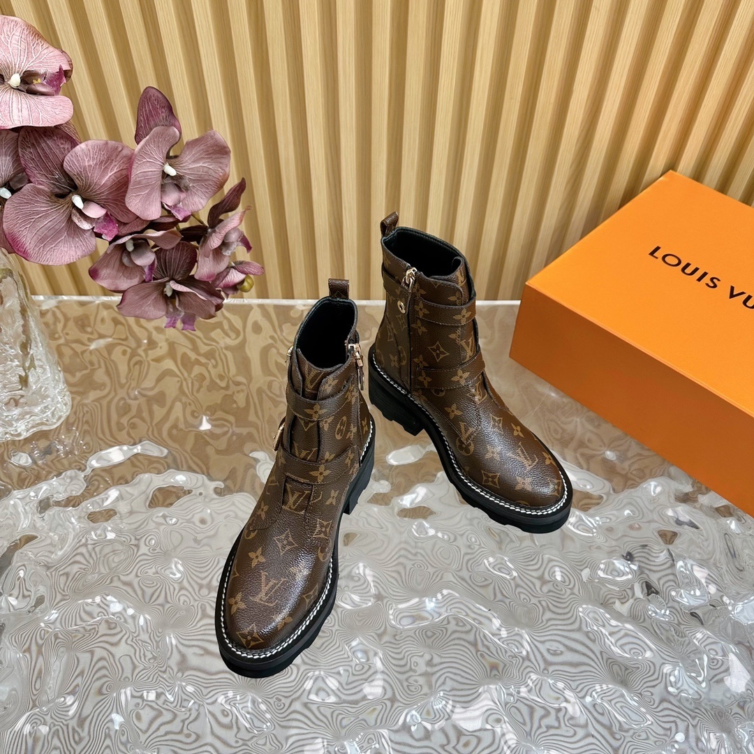 Luxury Monogram Women's Ankle Boots with Double Buckle Straps