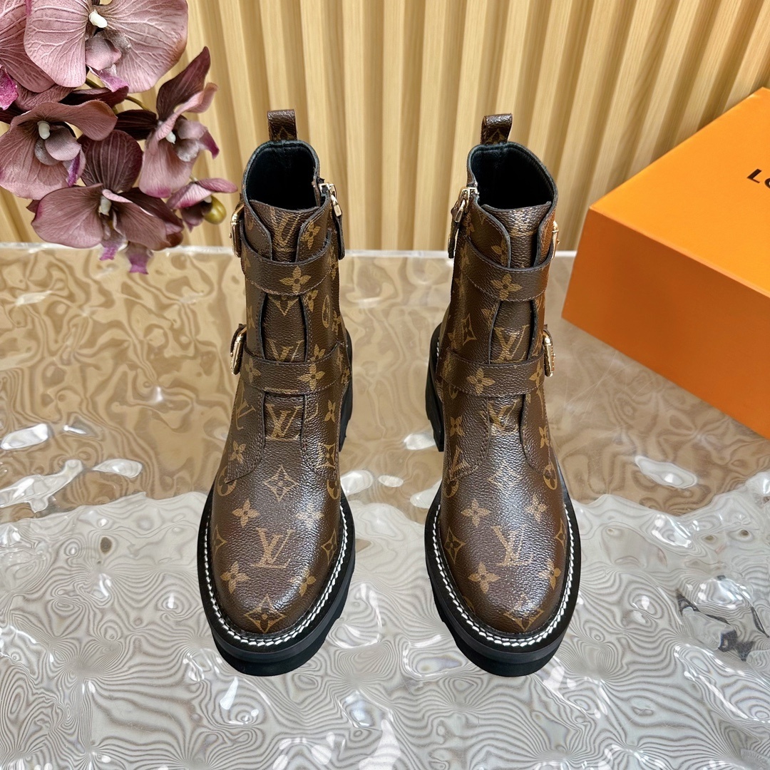 Luxury Monogram Women's Ankle Boots with Double Buckle Straps