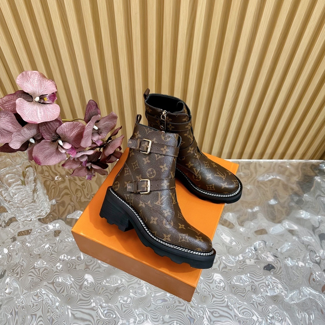 Luxury Monogram Women's Ankle Boots with Double Buckle Straps