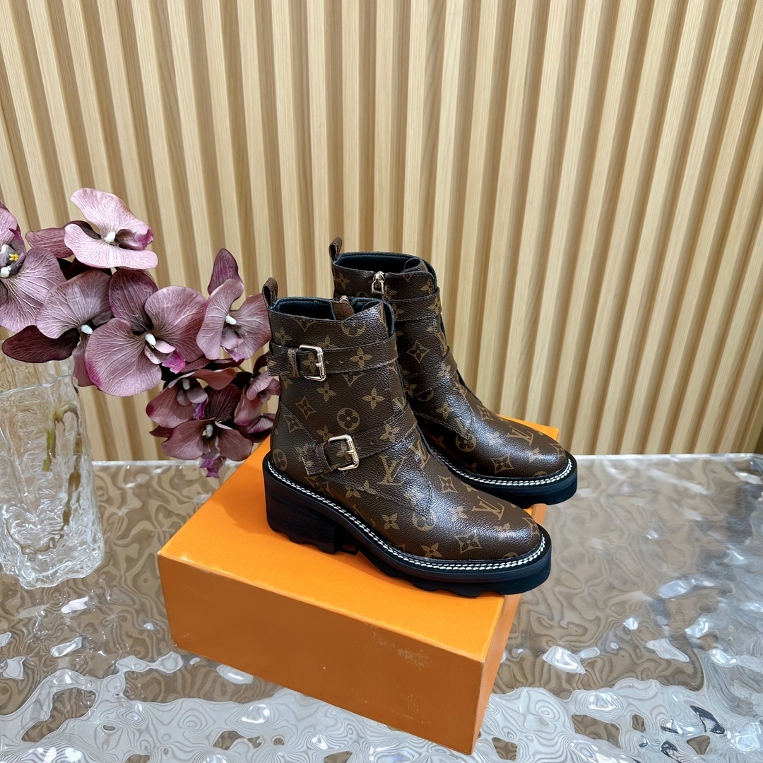 Luxury Monogram Women’s Ankle Boots with Double Buckle Straps