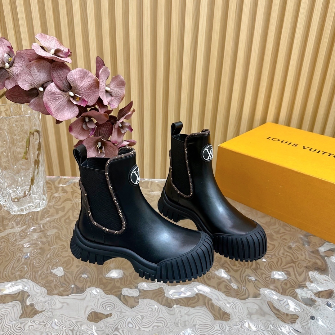 Louis Vuitton Monogram Black Leather Ankle Boots - Luxury Chelsea Style