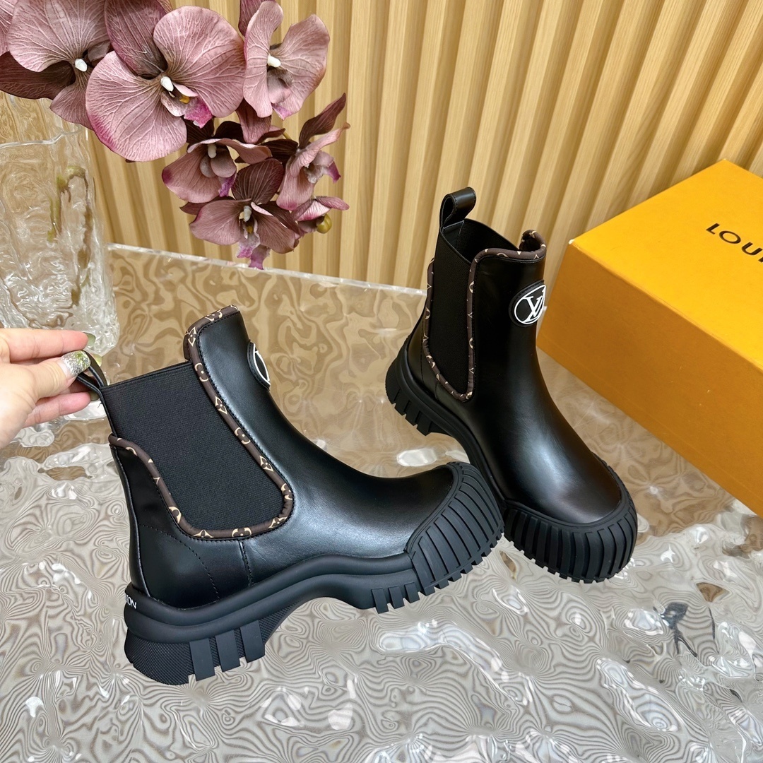 Louis Vuitton Monogram Black Leather Ankle Boots - Luxury Chelsea Style