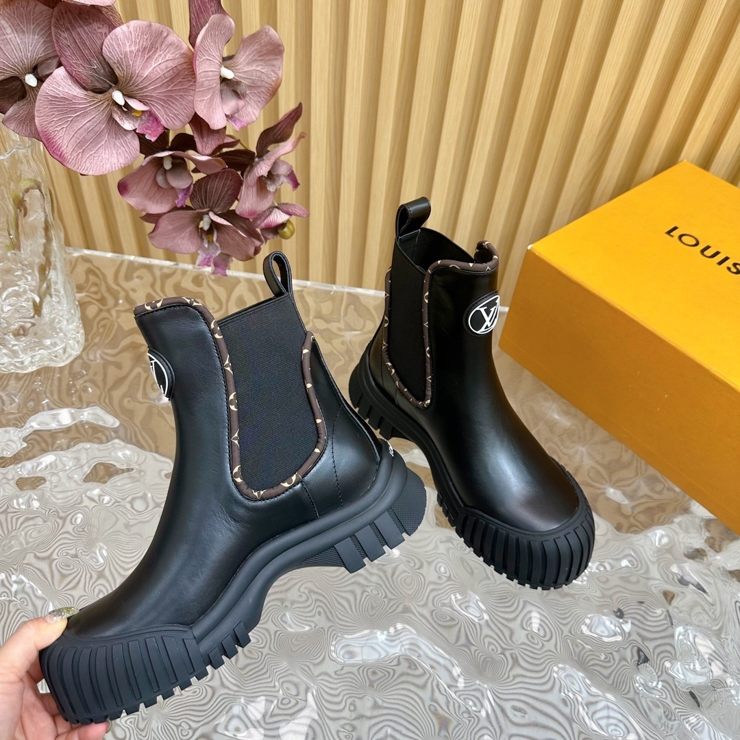 Louis Vuitton Monogram Black Leather Ankle Boots - Luxury Chelsea Style