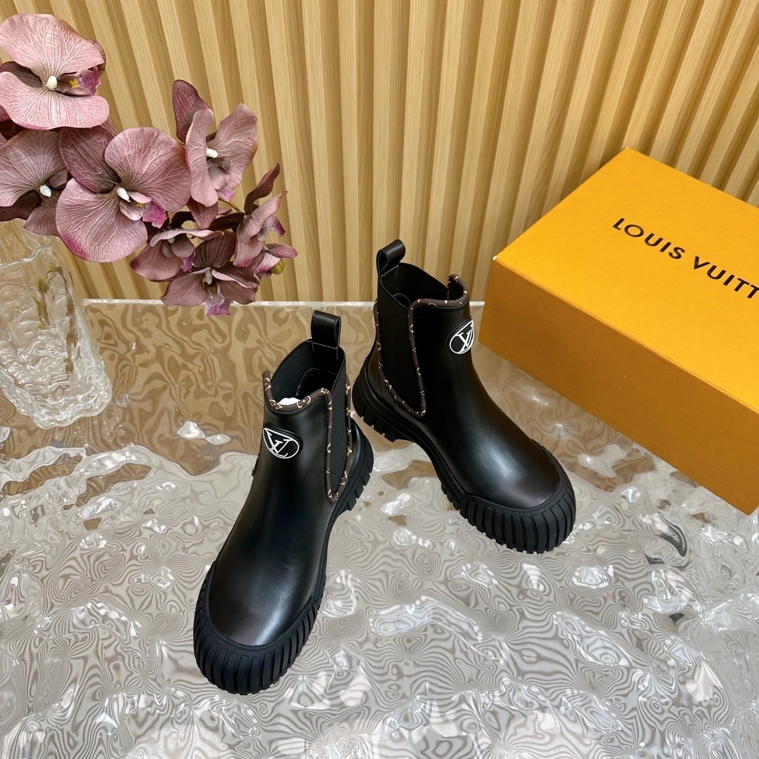 Louis Vuitton Monogram Black Leather Ankle Boots - Luxury Chelsea Style