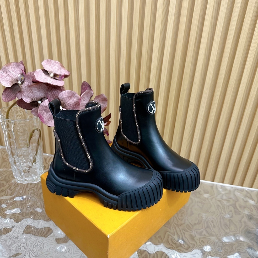 Louis Vuitton Monogram Black Leather Ankle Boots - Luxury Chelsea Style