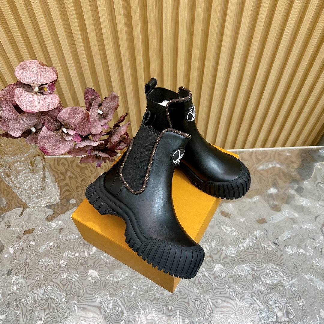 Louis Vuitton Monogram Black Leather Ankle Boots - Luxury Chelsea Style
