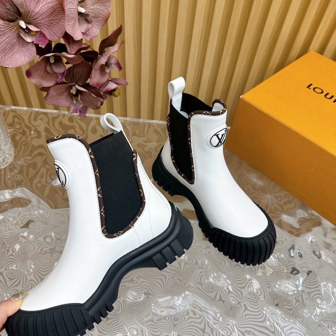 LV Women's White Leather Platform Chelsea Boots with Monogram Trim