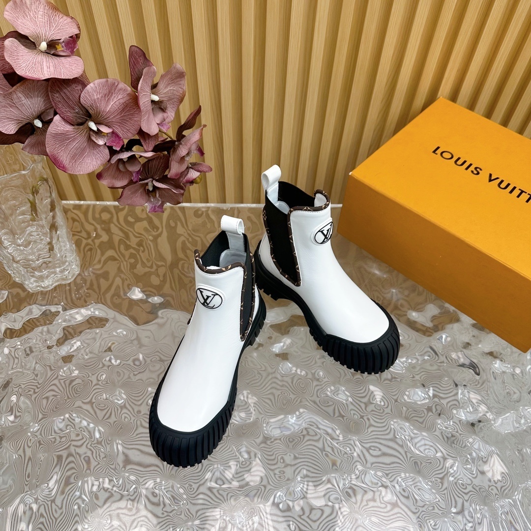 LV Women's White Leather Platform Chelsea Boots with Monogram Trim
