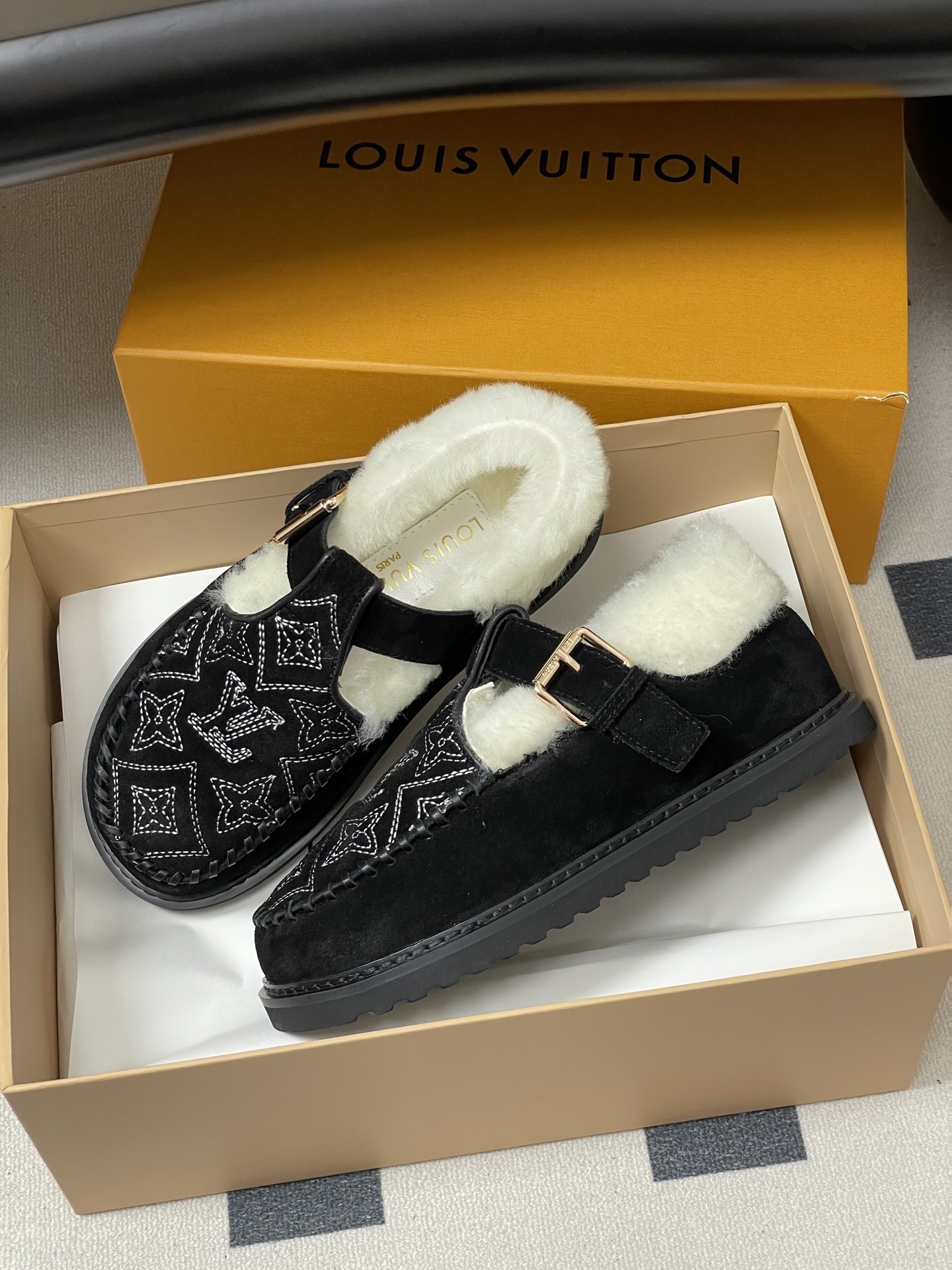 LV Paseo Comfort Flat Loafer - Black Monogram Suede & Shearling