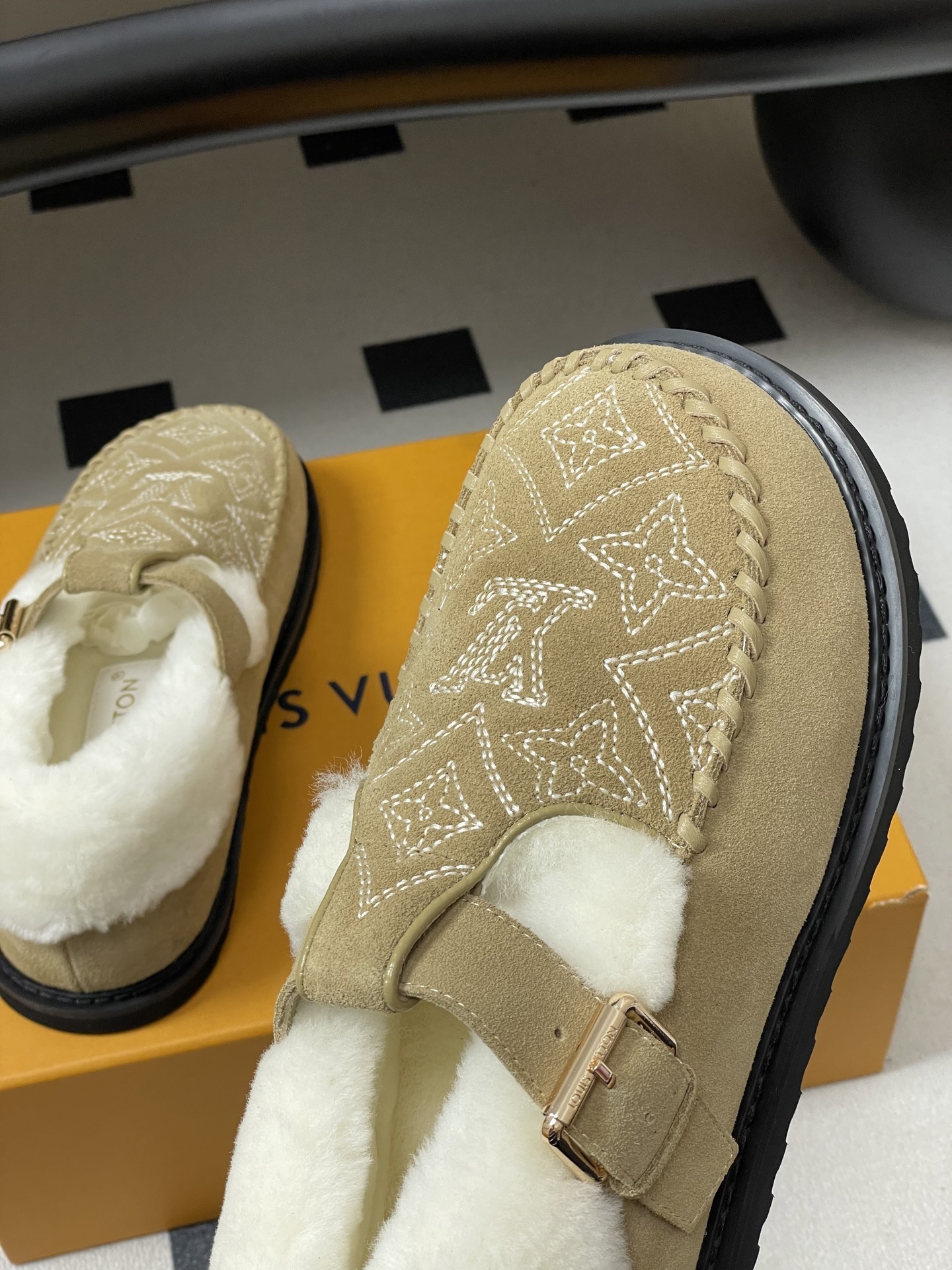 Women's Suede Shearling Embroidered Loafers with Buckle Strap