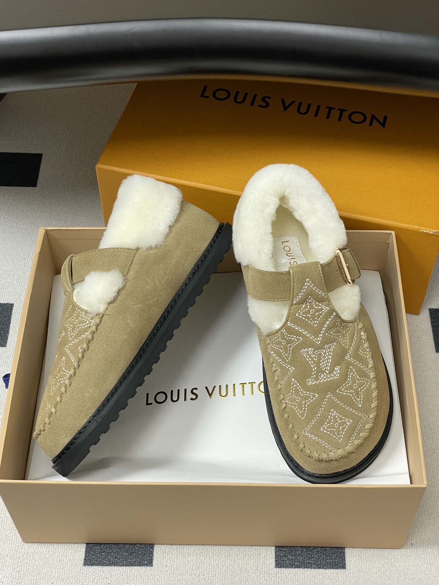 Women's Suede Shearling Embroidered Loafers with Buckle Strap