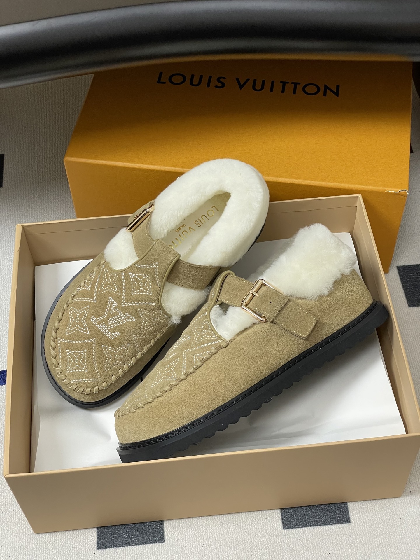 Women's Suede Shearling Embroidered Loafers with Buckle Strap