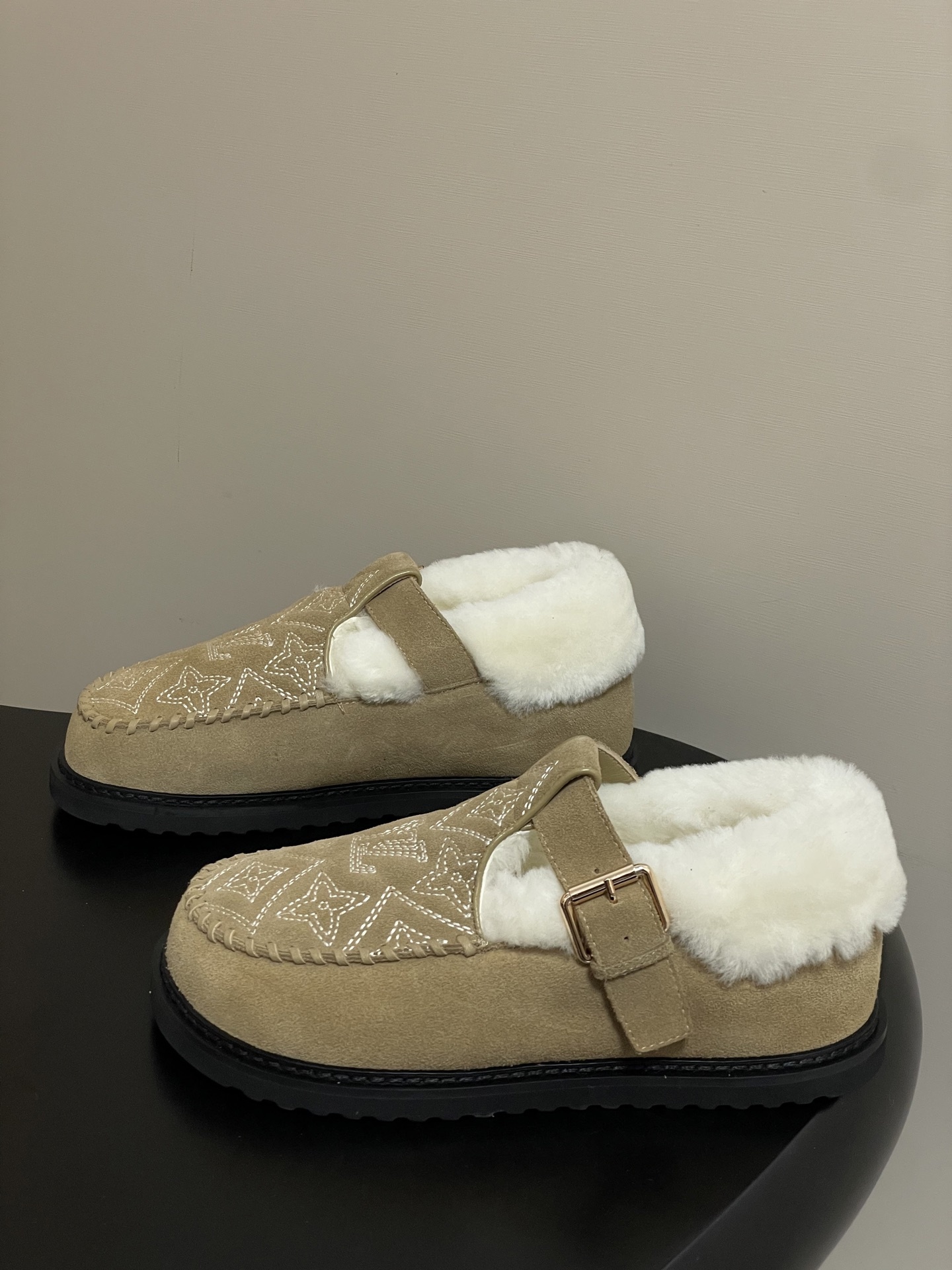 Women's Suede Shearling Embroidered Loafers with Buckle Strap