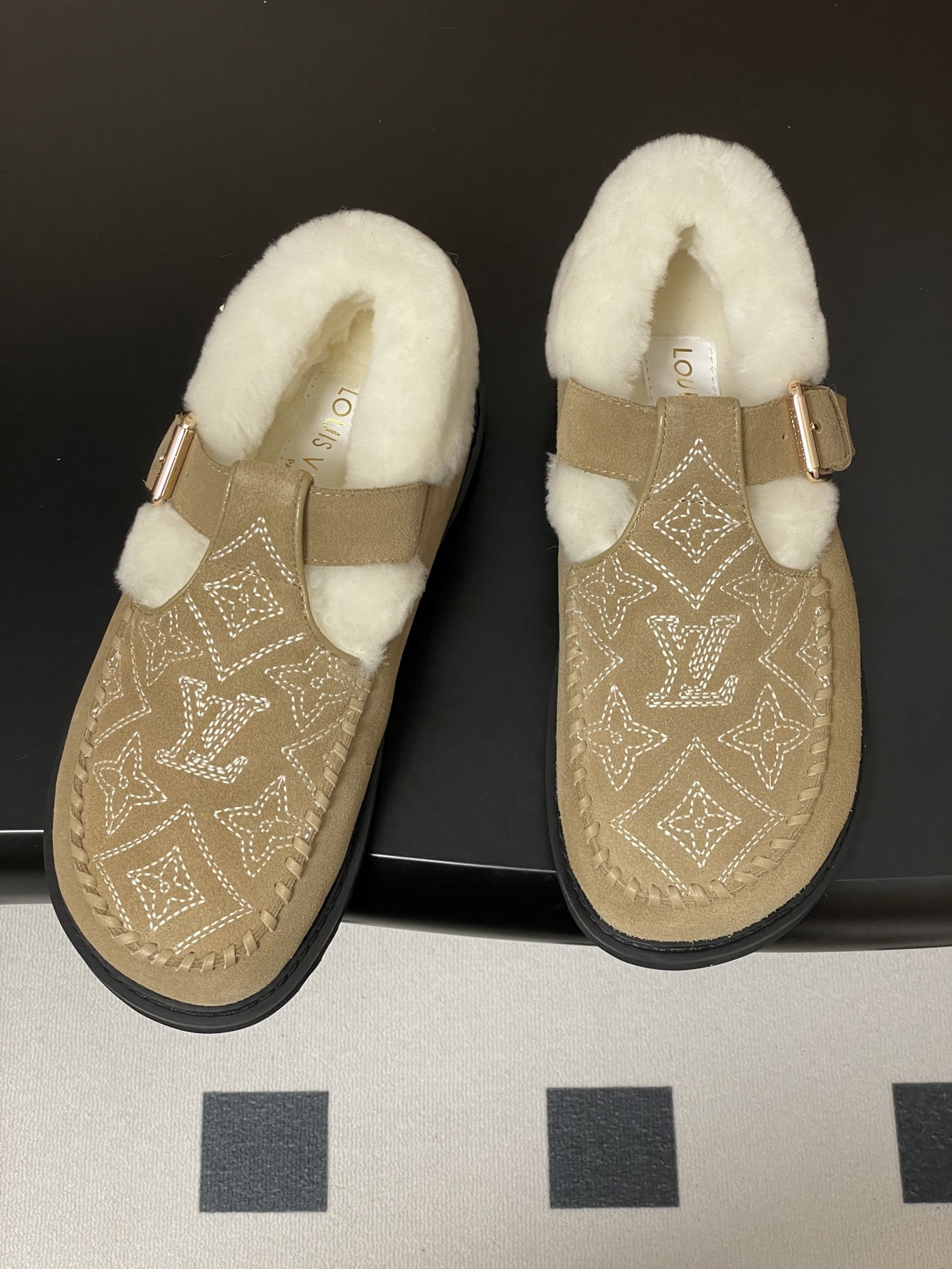 Women's Suede Shearling Embroidered Loafers with Buckle Strap