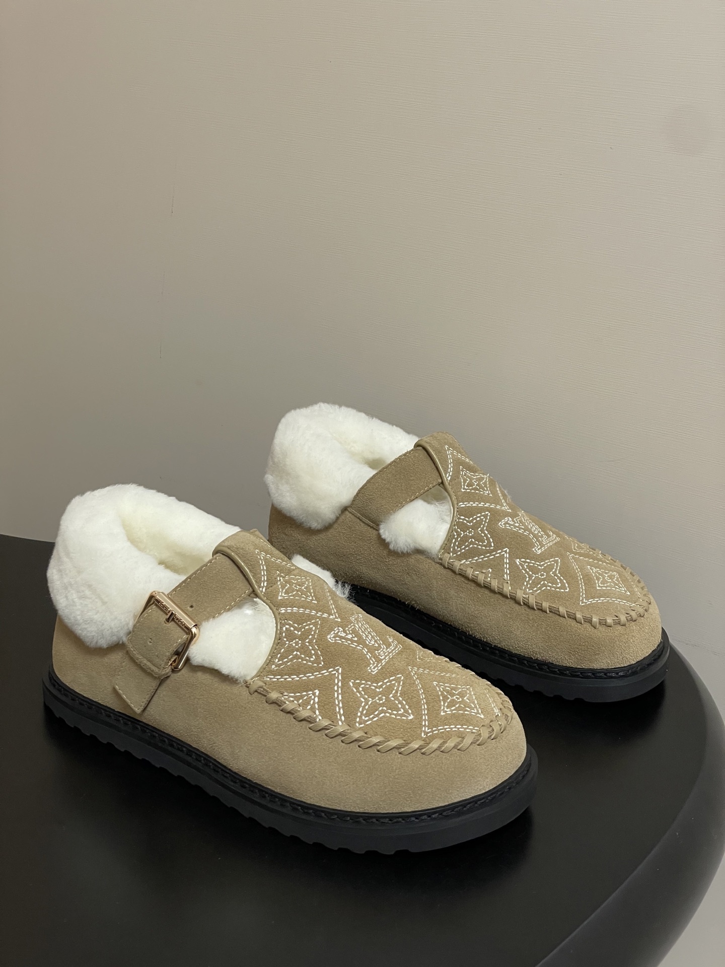 Women’s Suede Shearling Embroidered Loafers with Buckle Strap