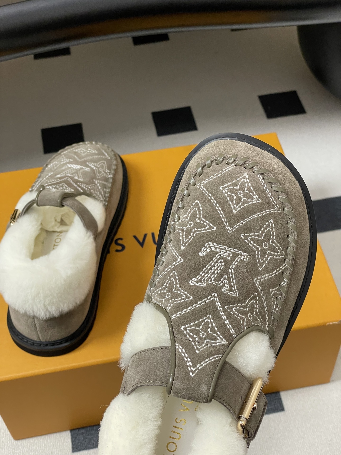 Luxury Suede Shearling Clogs with Monogram Embroidery