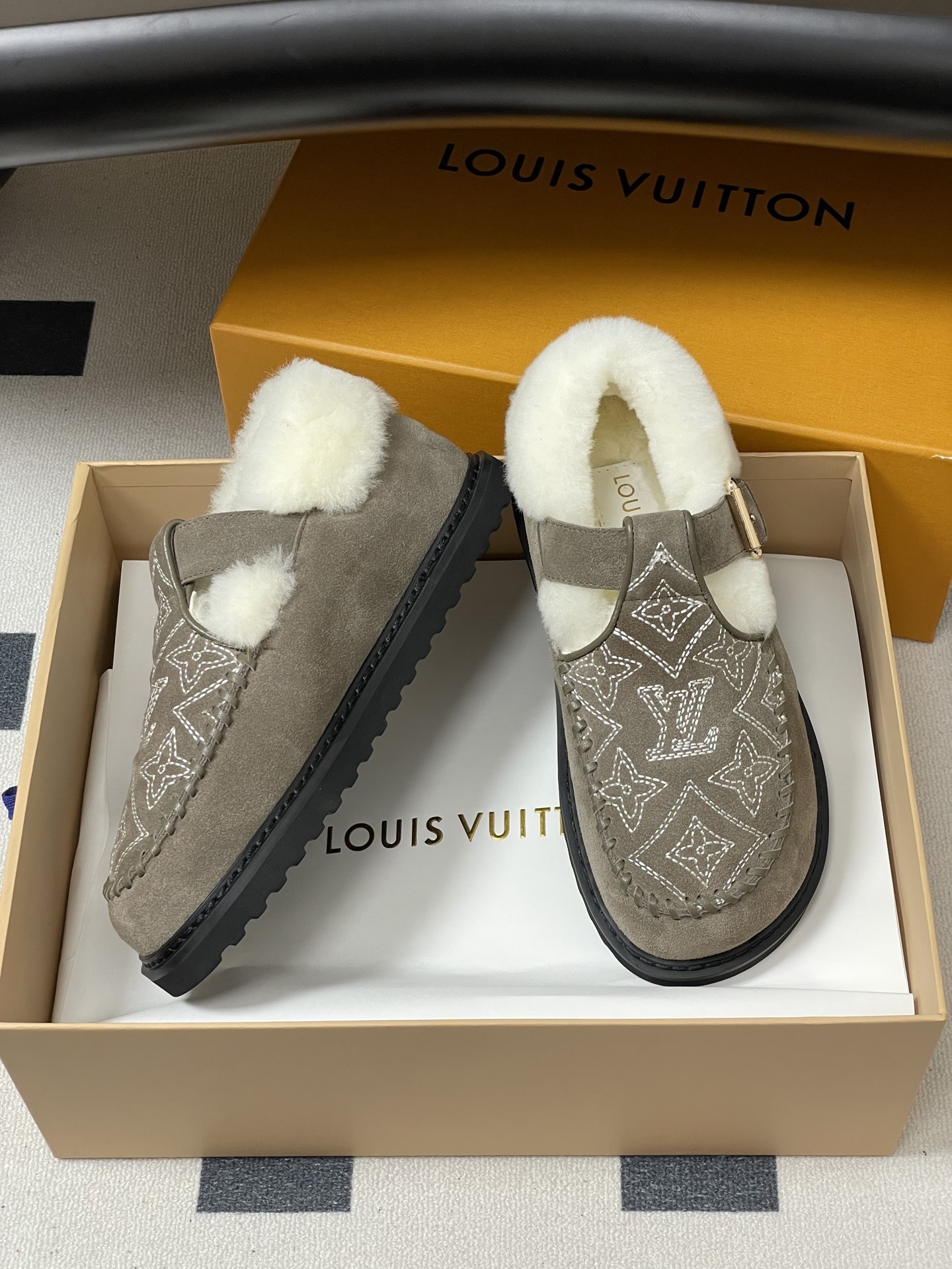 Luxury Suede Shearling Clogs with Monogram Embroidery