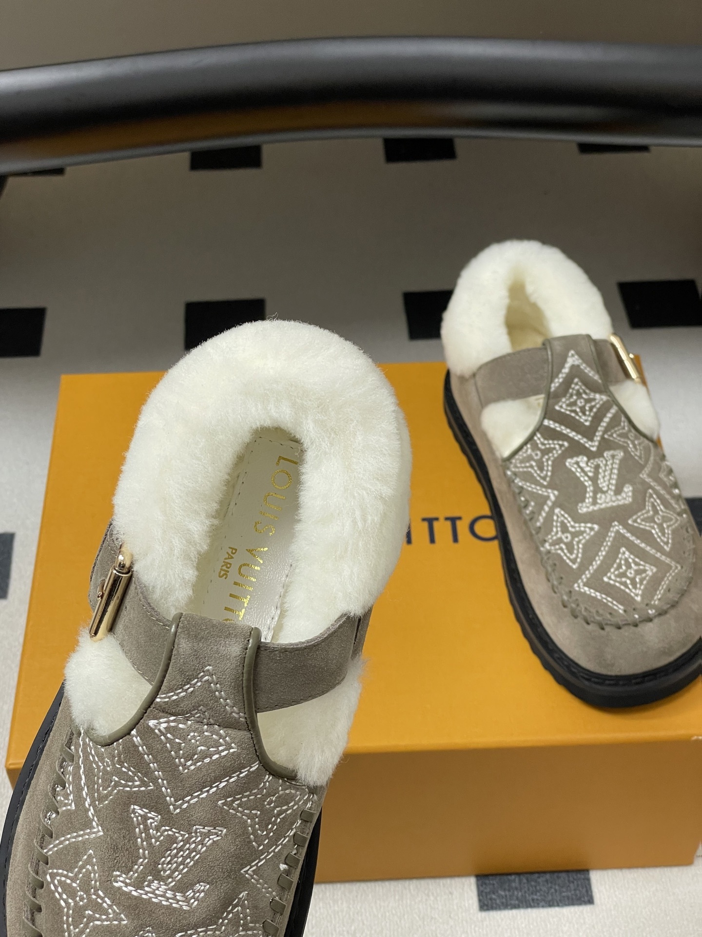 Luxury Suede Shearling Clogs with Monogram Embroidery