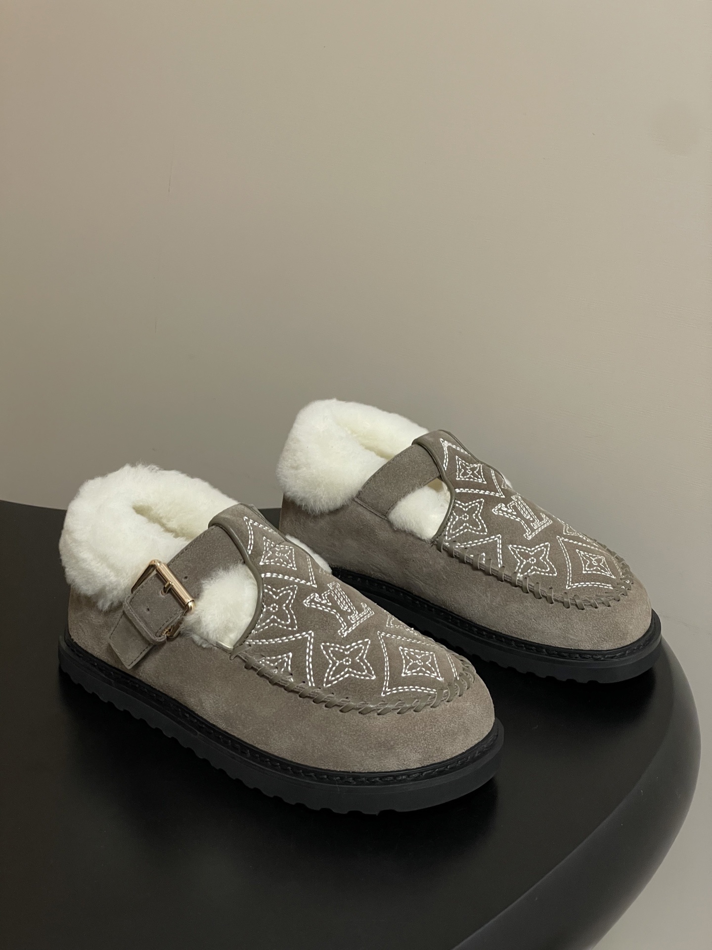 Luxury Suede Shearling Clogs with Monogram Embroidery