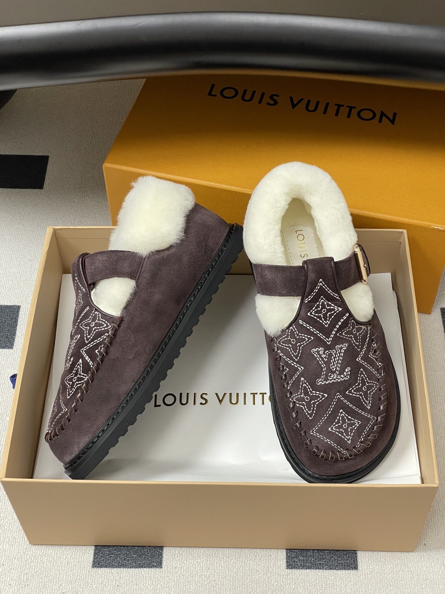 Louis Vuitton Monogram Suede & Shearling Winter Flat Loafers