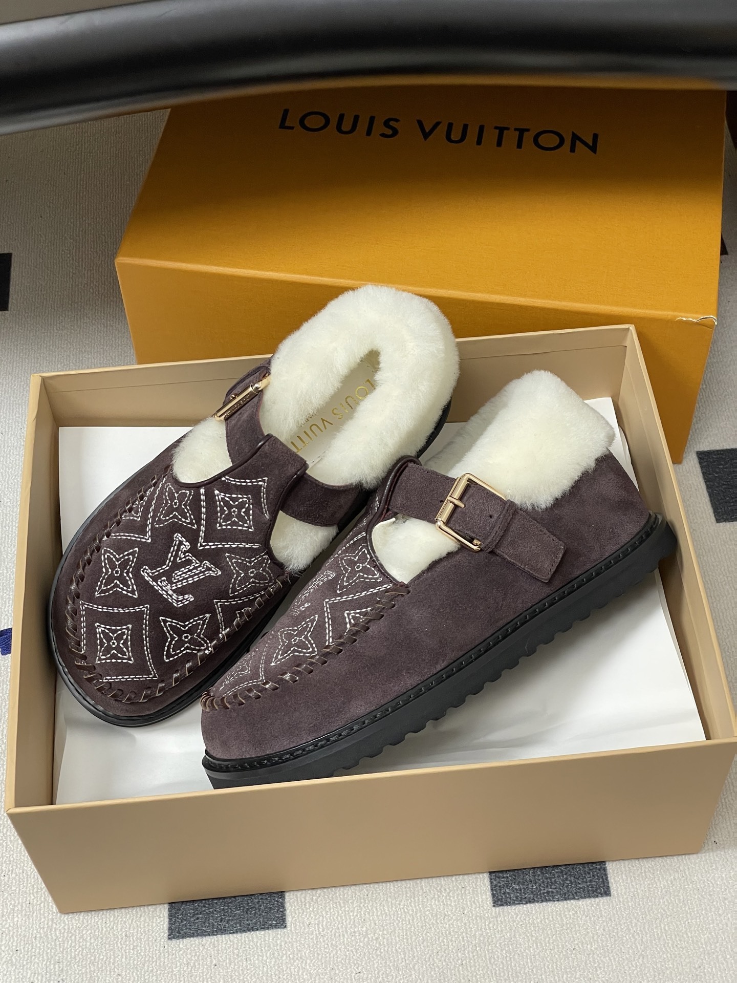 Louis Vuitton Monogram Suede & Shearling Winter Flat Loafers