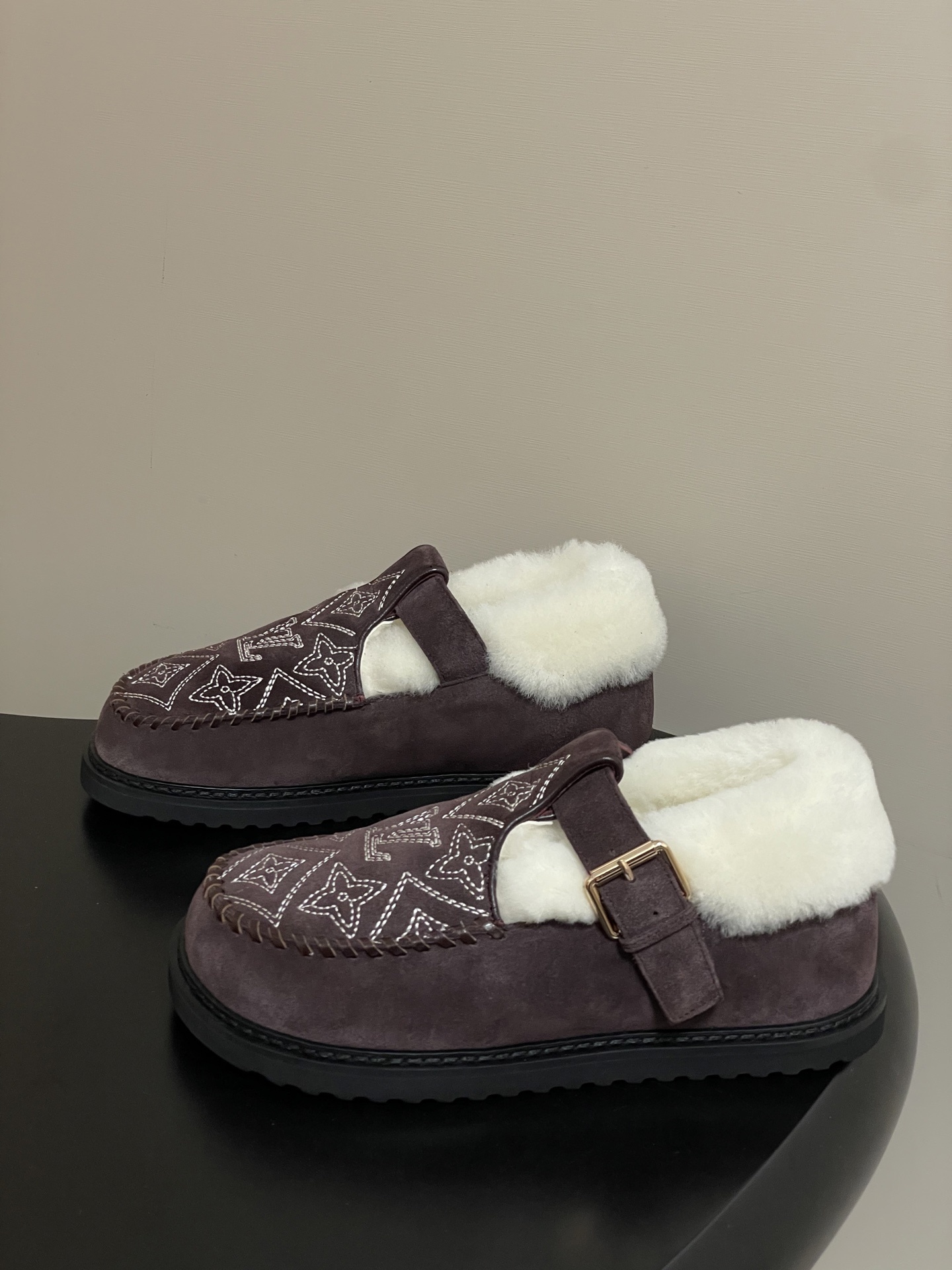 Louis Vuitton Monogram Suede & Shearling Winter Flat Loafers