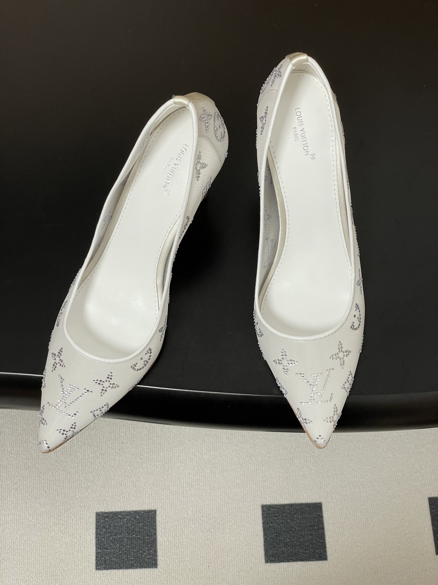 Luxury White Mesh Pointed Toe Pumps with Crystal Monogram Pattern