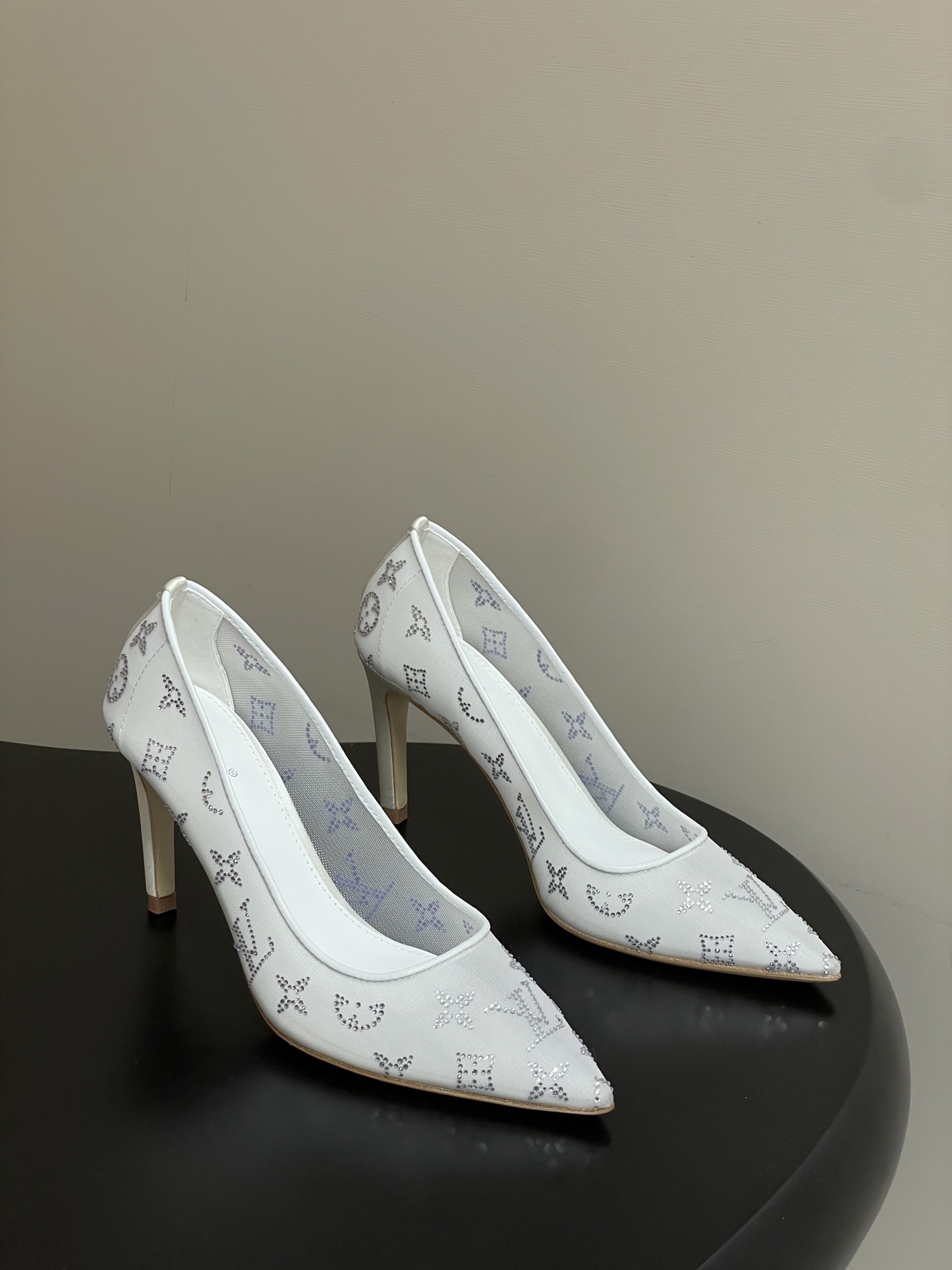 Luxury White Mesh Pointed Toe Pumps with Crystal Monogram Pattern