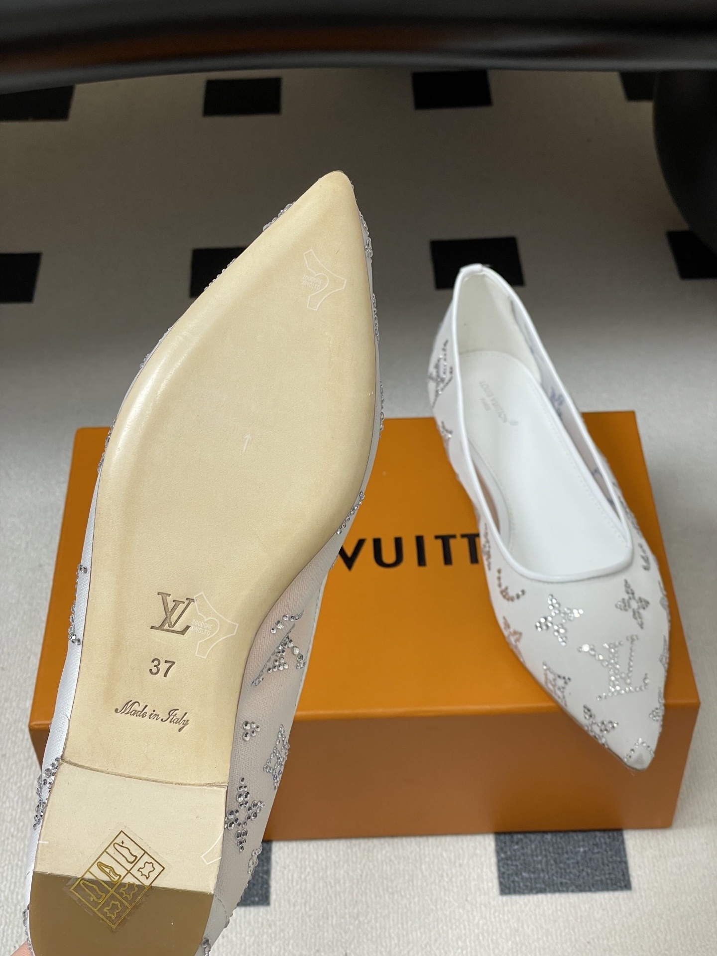 Luxury White Mesh Pointed Toe Flats with Crystal Monogram