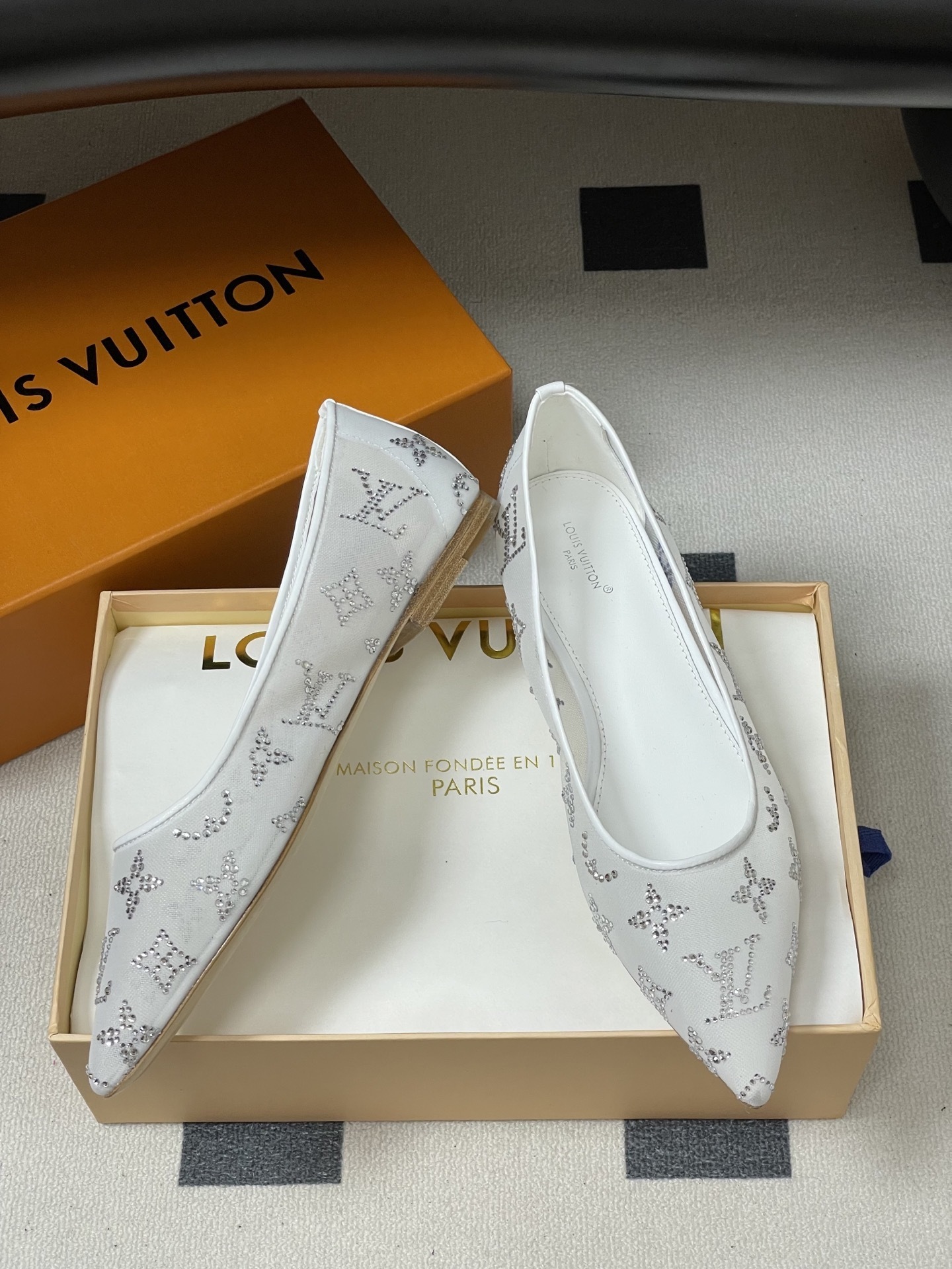 Luxury White Mesh Pointed Toe Flats with Crystal Monogram